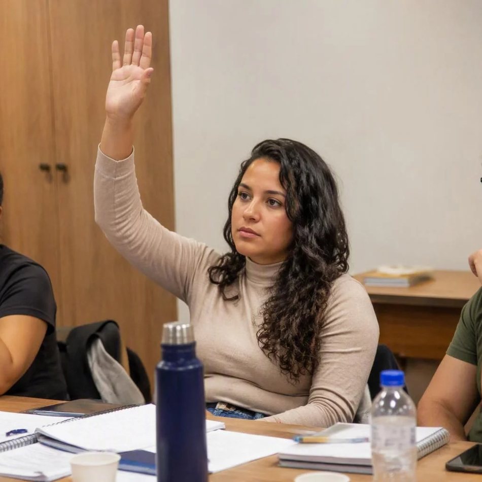 Roda de participantes; um deles repete em voz alta o argumento do colega antes de dar a resposta