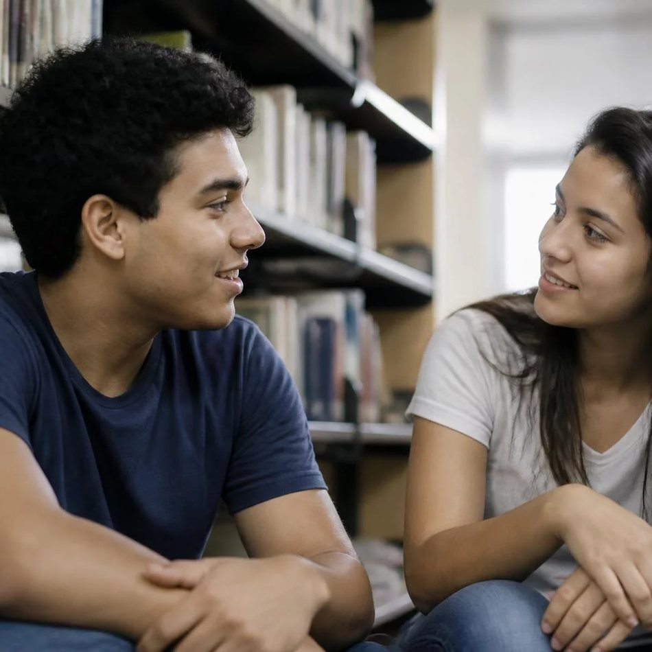 Dois participantes sentados frente a frente durante uma rodada de resposta, na sala da escola em Sorocaba