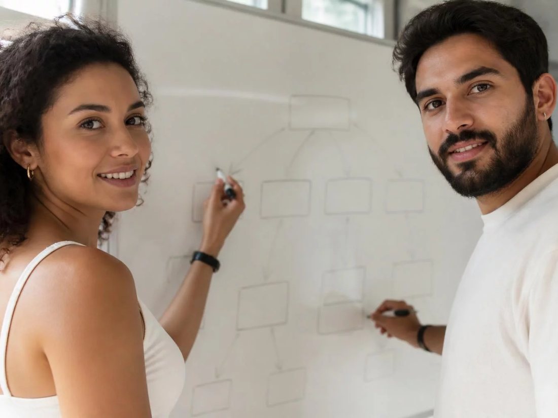 Dois alunos em pé diante do quadro branco, desenhando a ordem de um argumento